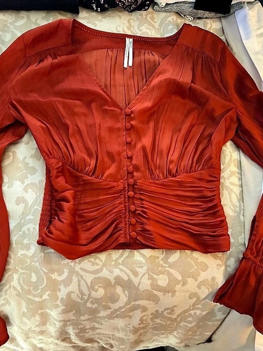 Anthro Ruched Long Sleeve Blouse in orange
